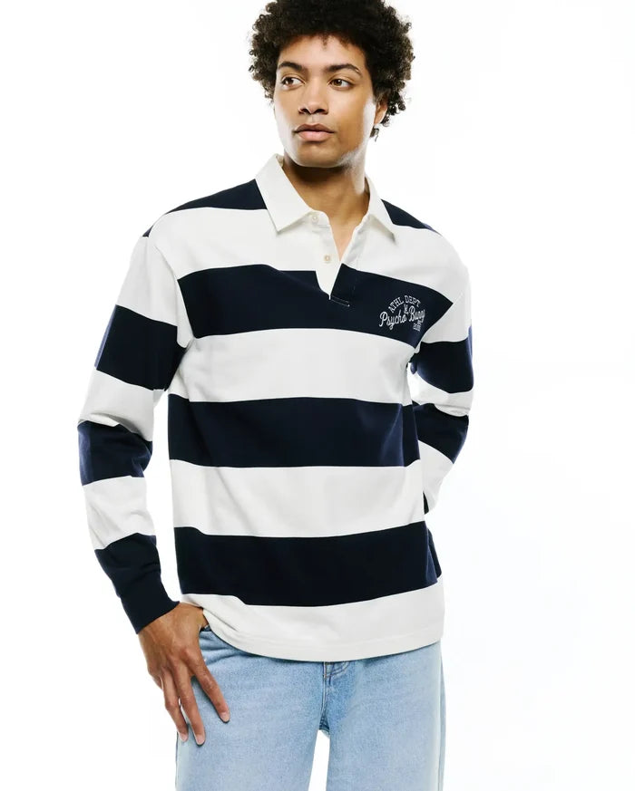 Mens Keven Ls Relaxed Fit Polo in navy blue and white horizontal stripes, featuring a white collar, two-button placket, and an embroidered white ATHL DEPT Psycho Bunny 2005 logo on the left chest. Soft jersey knit.