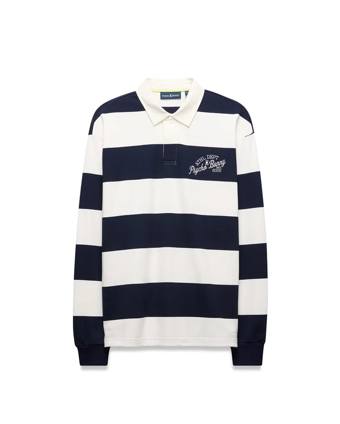 Mens Keven Ls Relaxed Fit Polo in navy and white horizontal stripes, featuring an off-white collar, two-button placket, and embroidered ATHL. DEPT. Psycho Bunny EST. 2005 logo on the left chest.