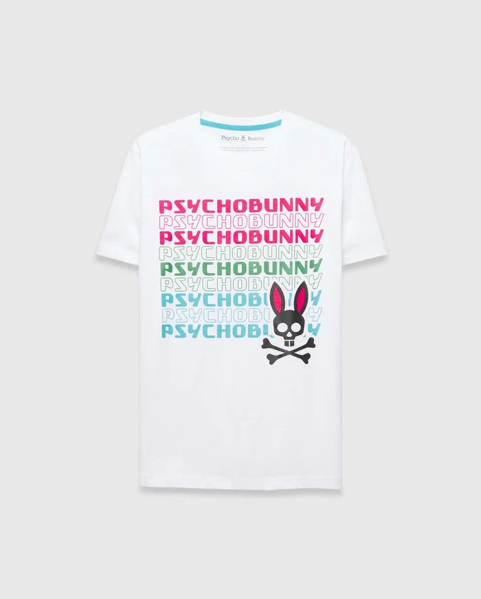 White Mens Landon Wordmark Tee, a classic fit jersey t-shirt with a vibrant gradient PSYCHOBUNNY wordmark in pink, green, and blue, featuring a large black and pink Psycho Bunny skull logo on the front.
