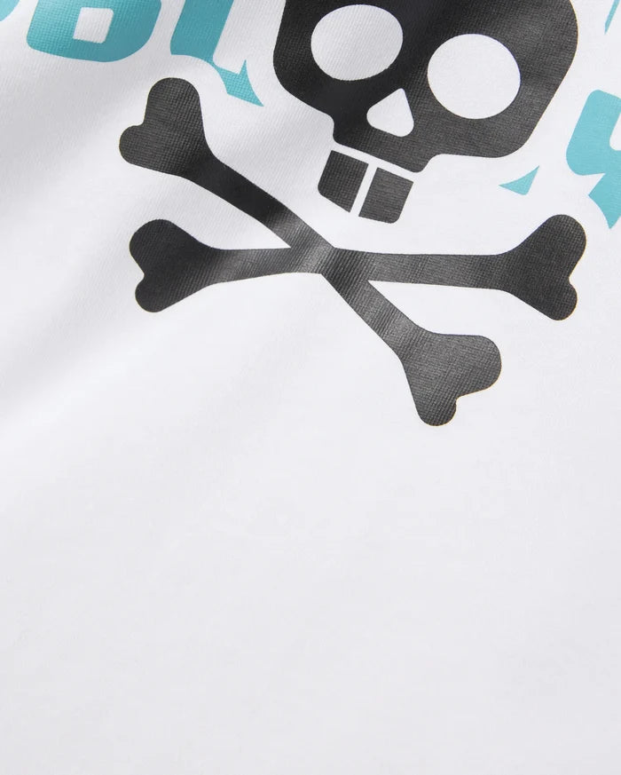 Mens Landon Wordmark Tee, a white jersey knit t-shirt with a large graphic print featuring the iconic black Psycho Bunny skull and crossbones and a partial light blue wordmark.