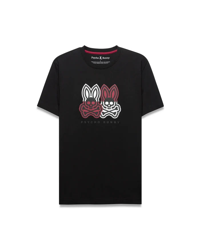 Mens Ledger Graphic Tee in black jersey, classic fit, with a large central chest graphic featuring two red and white Psycho Bunny skull logos with crossbones and Psycho Bunny text.