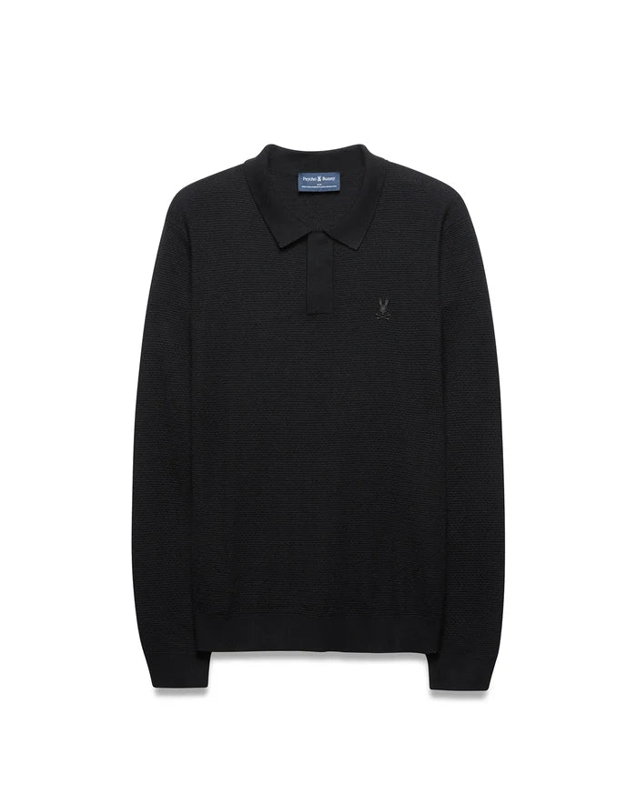 Mens Leroy Long Sleeve Knit Polo in black, featuring a classic fit, textured knit fabric, and a small, tonal embroidered Psycho Bunny skull logo on the left chest.