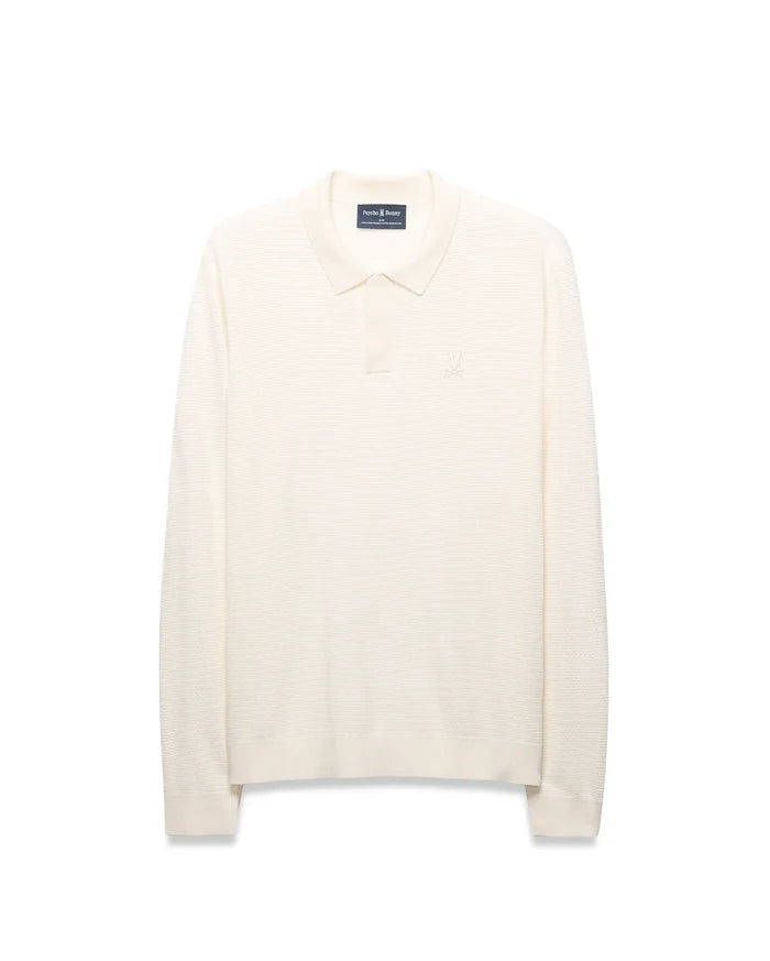 Mens Leroy Long Sleeve Knit Polo in cream, featuring a classic fit, horizontal ribbed knit texture, two-button placket, and a small embroidered Psycho Bunny skull logo on the left chest.