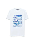 White Mens Lewis Graphic Tee, classic fit, soft jersey, with a bold blue gradient central graphic print of stacked Psycho Bunny skull logos and crossbones.