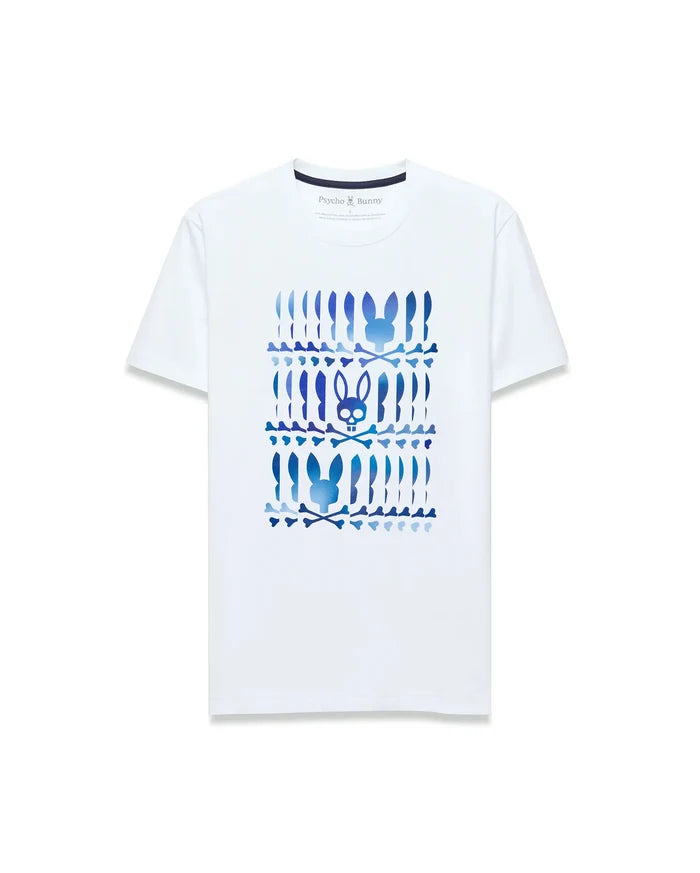 White Mens Lewis Graphic Tee, classic fit, soft jersey, with a bold blue gradient central graphic print of stacked Psycho Bunny skull logos and crossbones.