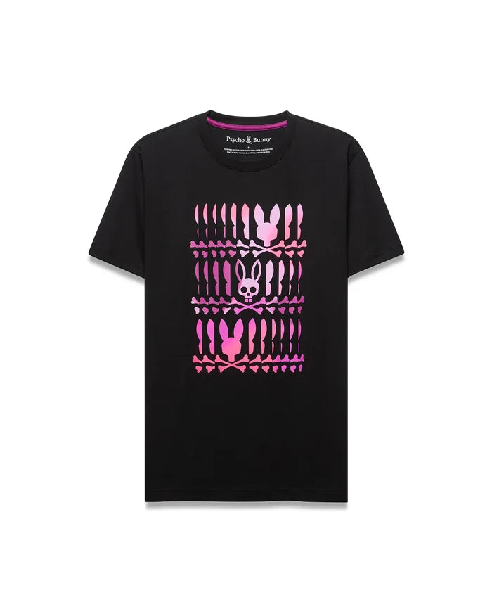Mens Lewis Graphic Tee, a classic fit black jersey t-shirt featuring a large central gradient pink-to-purple graphic of stacked Psycho Bunny skull logos and crossbones.