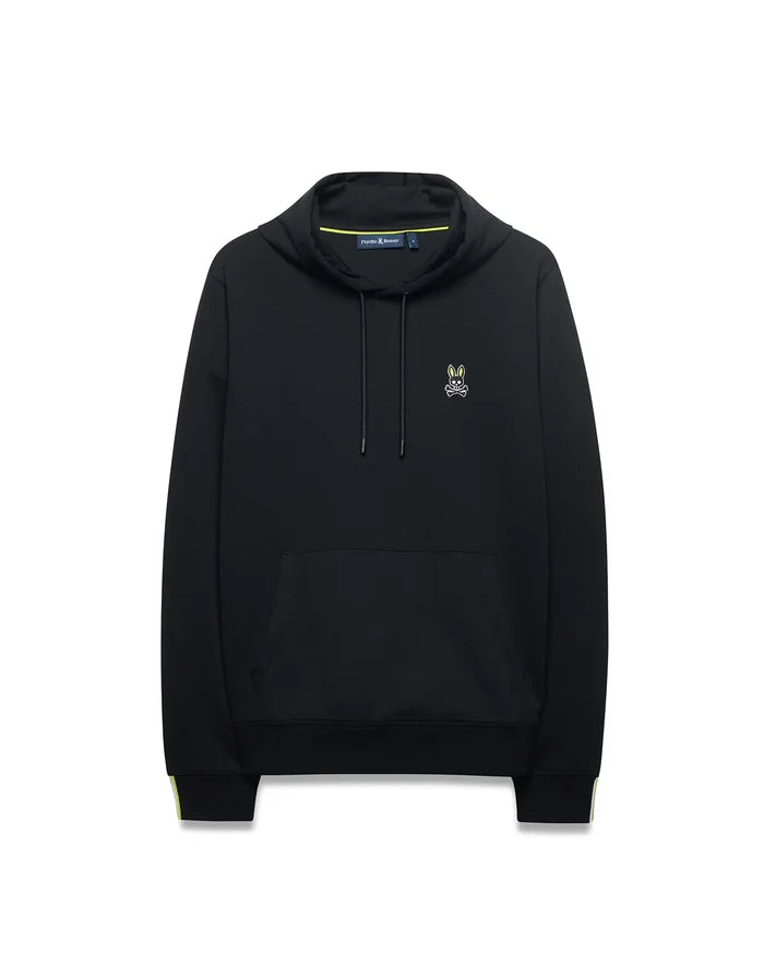 Mens Lex Hoodie, black classic fit jersey knit with a small embroidered neon yellow and white Psycho Bunny skull logo on the left chest, drawstring hood, kangaroo pocket, and neon yellow stripe accents on the cuffs and collar lining.