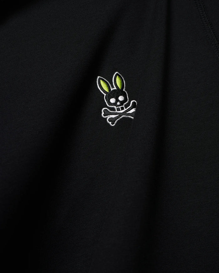 Mens Lex Hoodie, black smooth knit, featuring a small embroidered Psycho Bunny skull logo on the chest with vibrant neon green ears, black skull, and white outline details.
