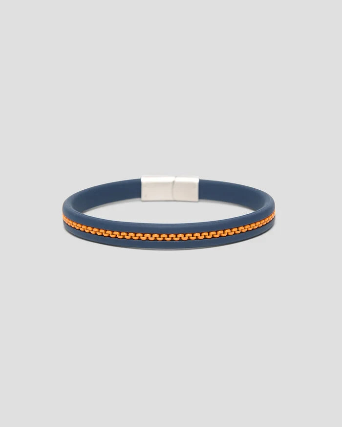 Mens Link Rubber Bracelet, a sleek navy blue rubber band featuring a vibrant orange zipper-like textured stripe and a polished silver rectangular magnetic clasp.