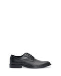 The Vince Camuto Men’s Lyre Derby is a classic black leather dress shoe with laces, shown from the side against a white background.