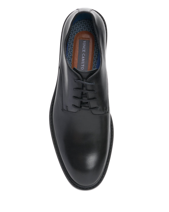 Men’s Lyre Derby dress shoe by Vince Camuto shown from an overhead view, featuring classic black leather with closed lacing, a rounded toe, and a brown insole marked with the VINCE CAMUTO logo. The dark leather shoe is displayed on a plain white background.
