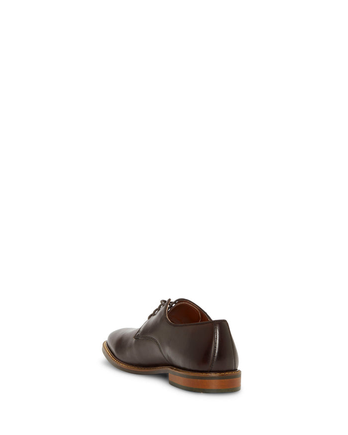 A single Vince Camuto Men’s Lyre Derby brown leather dress shoe with laces, crafted from dark leather and shown from the back at an angle on a white background—perfect for showcasing timeless style.