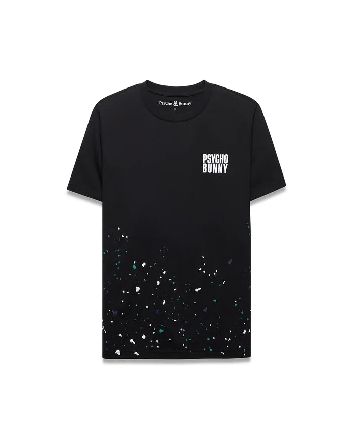 Mens Malcolm Graphic Tee, black classic fit jersey knit with white Psycho Bunny text on left chest, small embroidered bunny skull, and a vibrant white, teal, dark blue paint splatter graphic on the lower half.