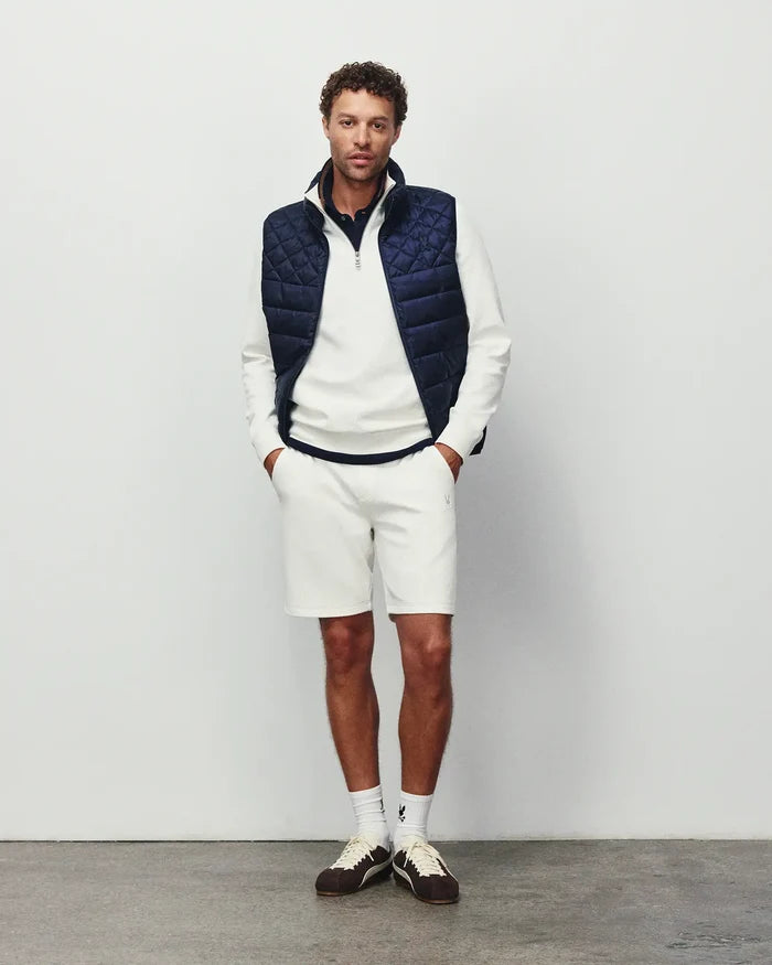 Mens Marc Textured 1/4 Zip in cream, a classic fit pullover crafted from textured pique fabric, featuring a navy inner collar, quarter-zip placket, and ribbed cuffs for refined streetwear style.