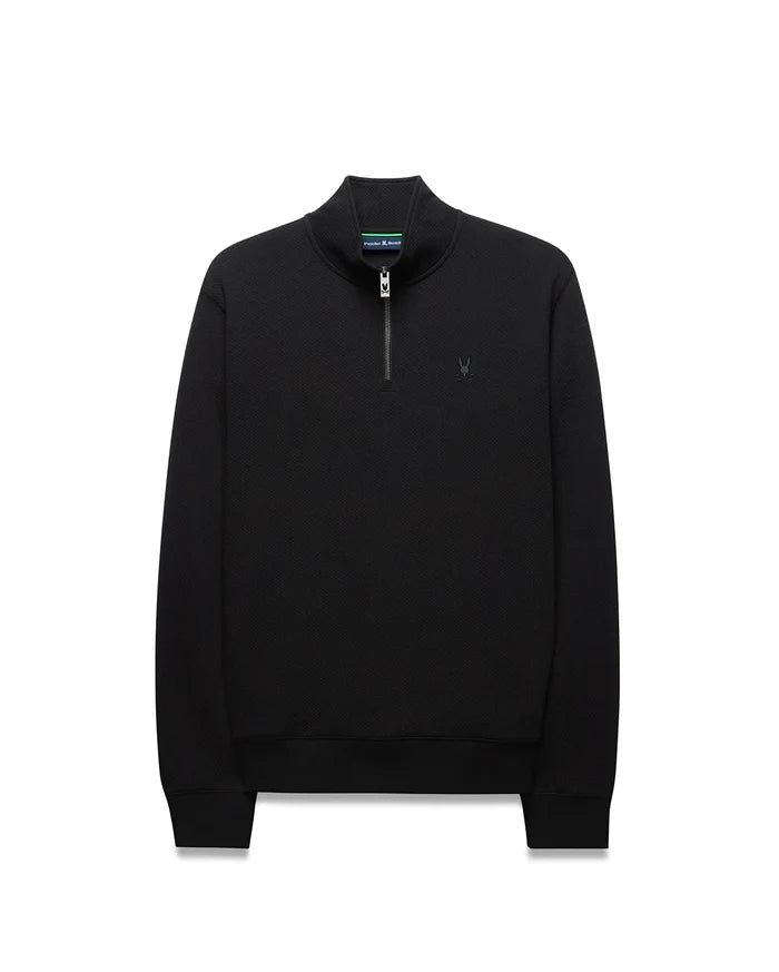 Black Mens Marc Textured 1/4 Zip, a classic fit pullover with a subtle geometric textured knit, silver quarter-zip, and an embroidered black Psycho Bunny skull logo on the left chest.