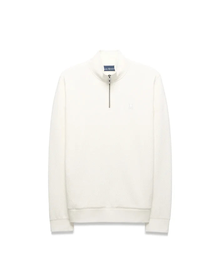Mens Marc Textured 1/4 Zip in cream, a classic fit pullover with a subtle textured knit, silver quarter-zip, and a tonal embroidered Psycho Bunny skull logo on the left chest.