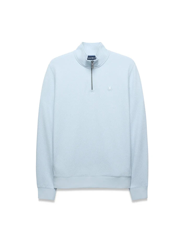 Mens Marc Textured 1/4 Zip in light blue, featuring a classic fit, subtle pique-like texture, silver quarter-zip, and a small embroidered Psycho Bunny skull logo on the left chest.