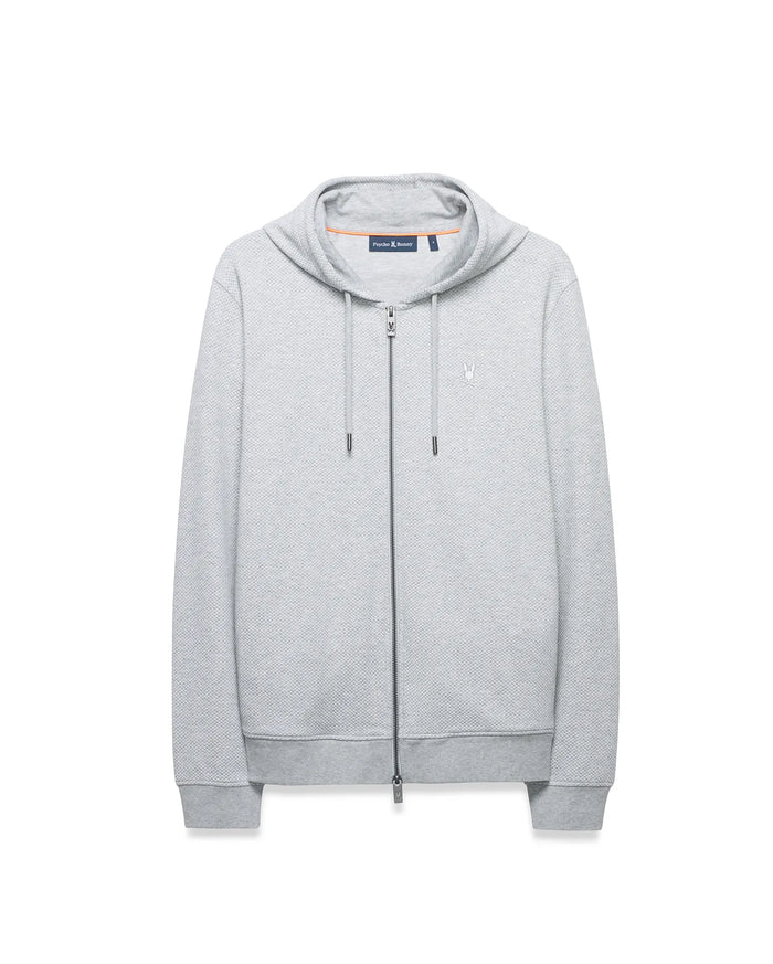Mens Marc Textured Full Zip Hoodie in light grey, featuring a textured knit, full zip, drawstring hood, orange neck tape, ribbed cuffs, and a white embroidered Psycho Bunny skull logo on left chest.