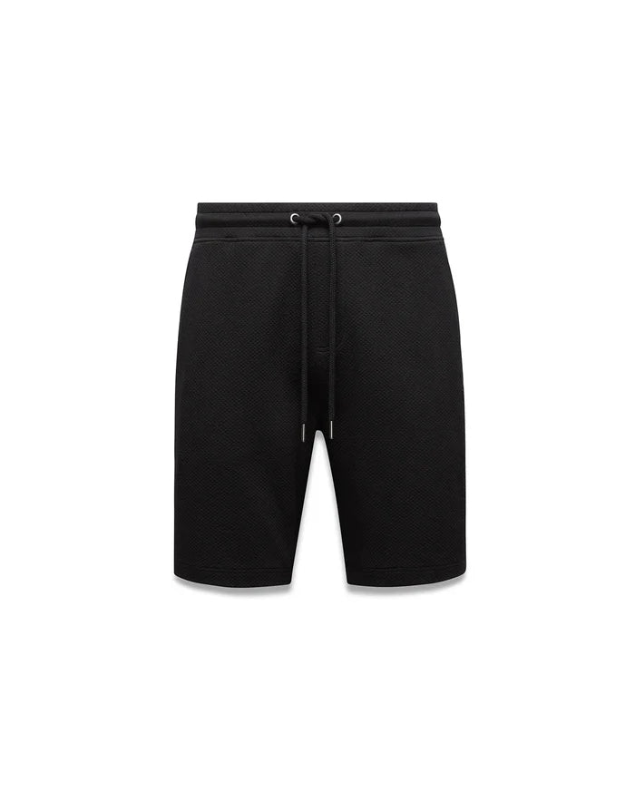 Mens Marc Textured Short in black, a classic fit streetwear short with a distinctive mini-waffle knit fabric and a drawstring waist featuring sleek silver tips.