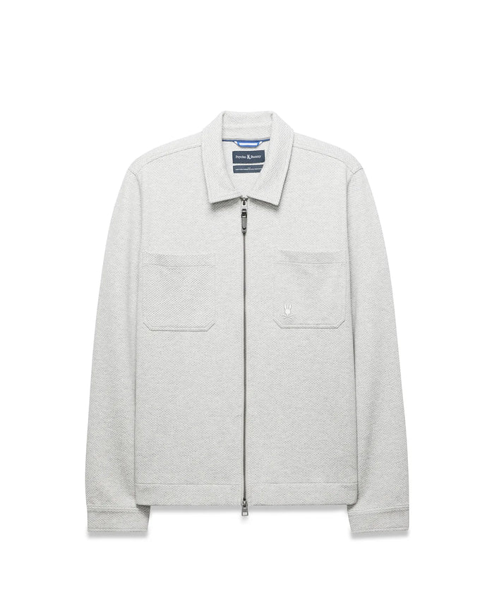 Light Grey Mens Marc Textured Overshirt with a classic fit, full zip, collared neckline, two chest patch pockets, and a small embroidered Psycho Bunny skull logo on the right pocket.