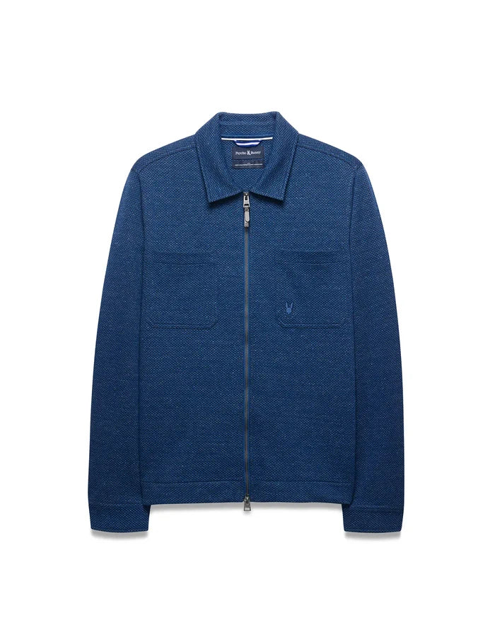 Mens Marc Textured Overshirt in deep indigo blue, featuring a full-zip front, classic collar, two chest patch pockets, and a small embroidered Psycho Bunny skull logo on the left chest.