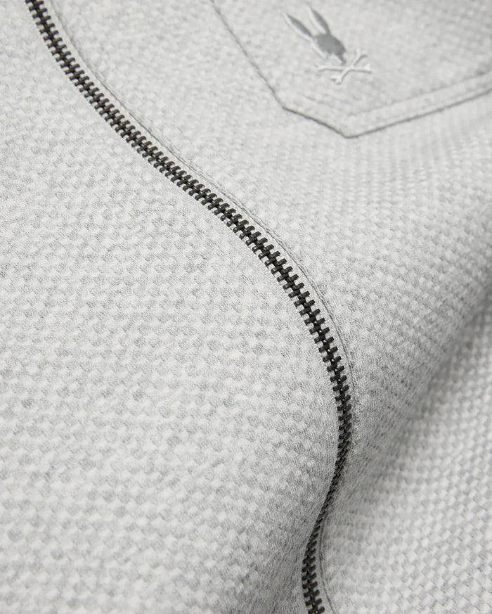Mens Marc Textured Overshirt in light grey, featuring a subtle textured knit, dark grey full-zip, and a small embroidered Psycho Bunny skull logo on the chest pocket.