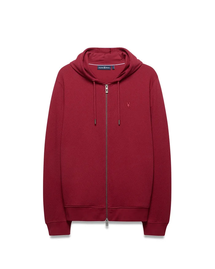 Mens Marc Textured Full Zip Hoodie in burgundy, classic fit, textured knit, full silver zipper with logo pull, drawstring hood, and small embroidered Psycho Bunny skull on left chest.