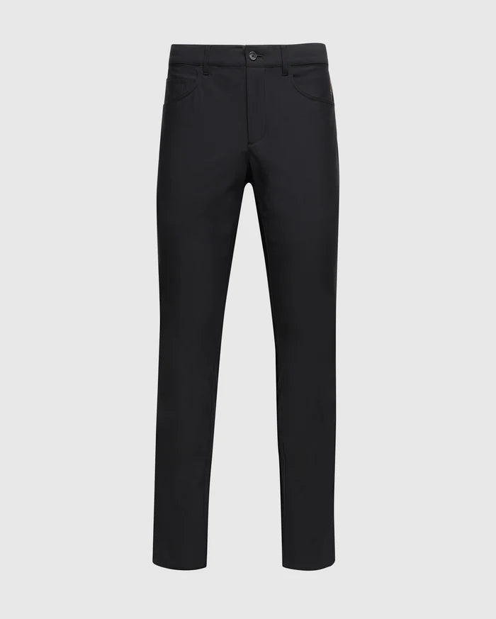 Black Mens Maverick 10k Step Pant 31 1/2 L, a classic fit performance pant with a smooth texture, featuring front pockets and a subtle embroidered dark red Psycho Bunny skull logo on the right pocket.