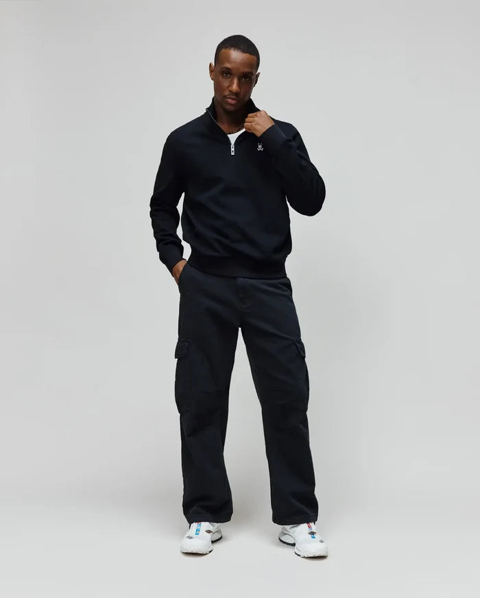 Mens Maxton Waffle 1/4 Zip in navy, featuring a classic fit, silver quarter-zip closure, and a small embroidered white Psycho Bunny skull logo on the left chest.