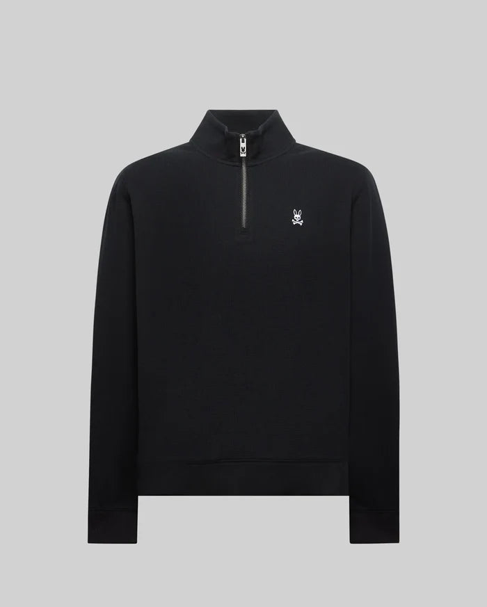 MENS MAXTON WAFFLE 1/4 ZIP in black, featuring a classic fit, textured waffle knit fabric, a silver 1/4 zip with a custom pull, and a small embroidered white Psycho Bunny skull logo on the left chest.