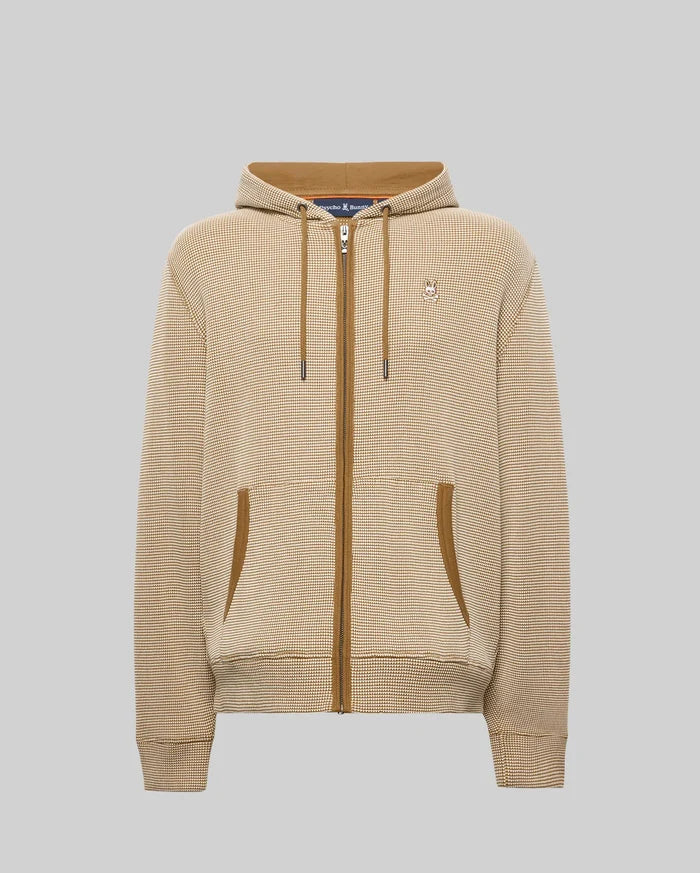 MENS MAXTON WAFFLE FULL ZIP HOODIE in beige waffle knit with brown accents, featuring a full zip, drawstring hood, front pockets, and a small embroidered Psycho Bunny skull logo on the left chest.
