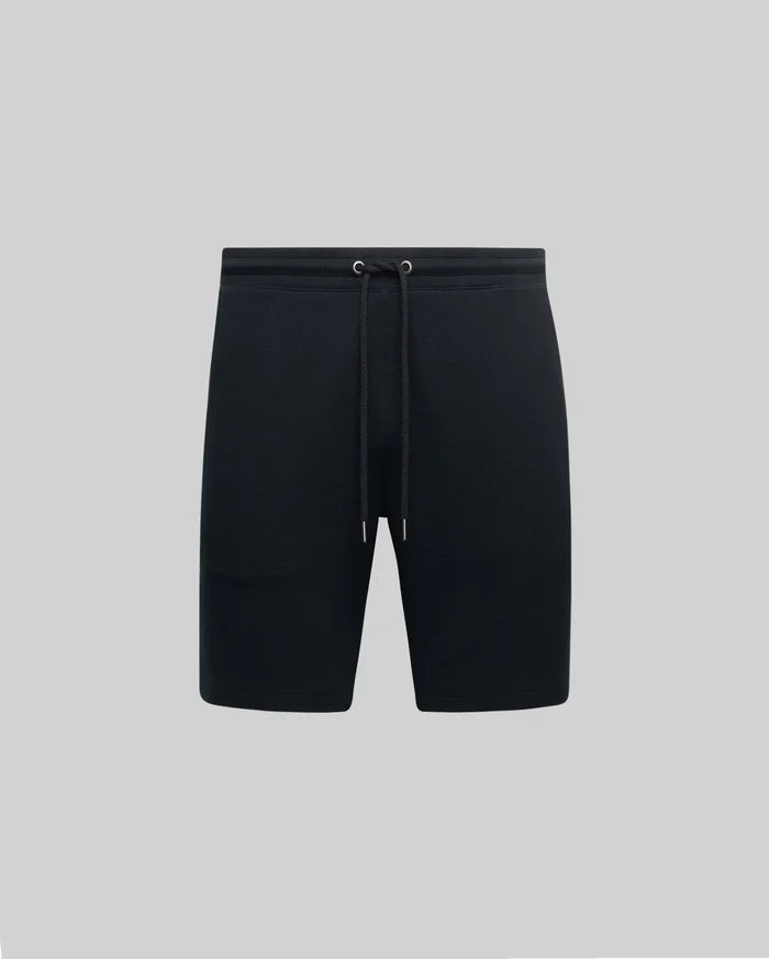 Black Mens Maxton Waffle Sweatshort with a relaxed fit, featuring a textured waffle knit fabric and an adjustable drawstring waist with metal eyelets.