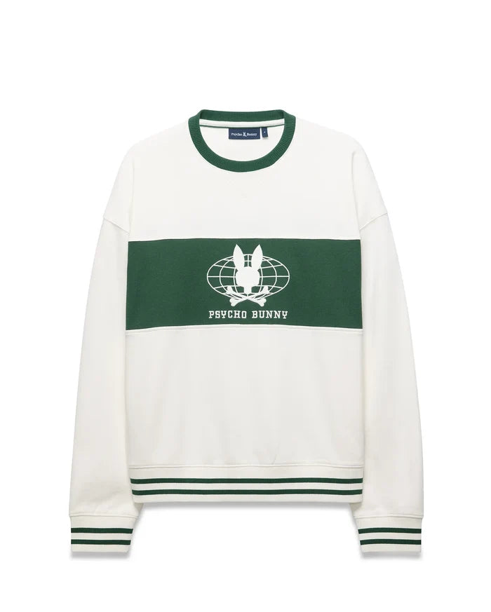Mens Mike French Terry Crew, a relaxed white sweatshirt with a bold green chest stripe, featuring a large white Psycho Bunny skull globe graphic and text. Ribbed crewneck, cuffs, and hem have green double stripes.