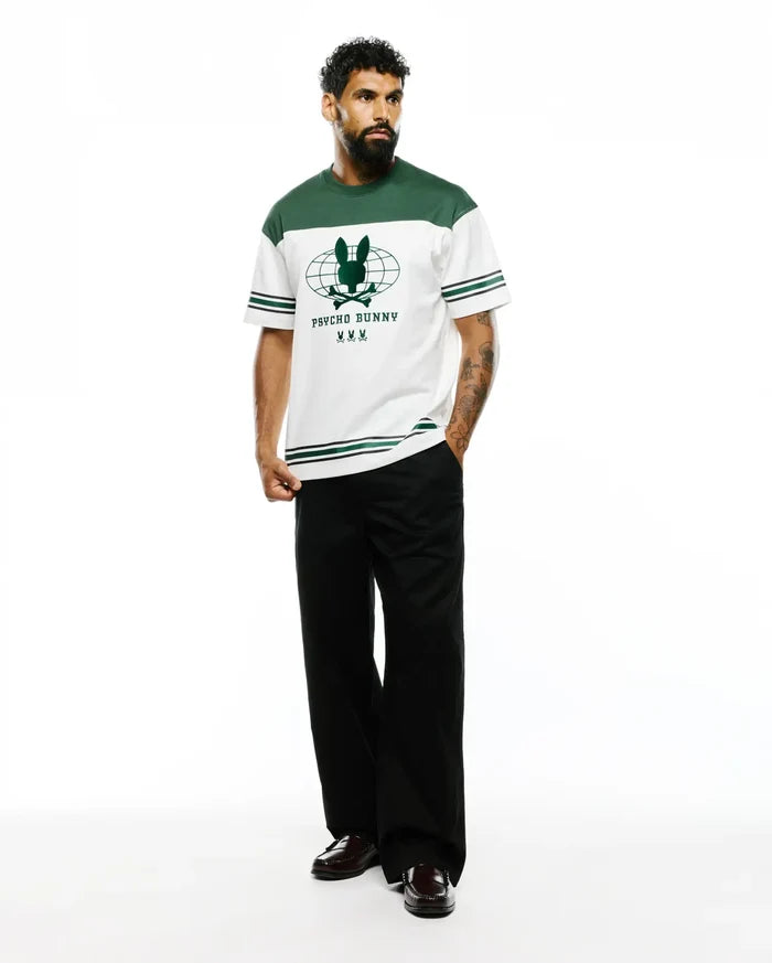 Mens Mike Graphic Jersey Tee, a white and green color block jersey t-shirt with a large central green Psycho Bunny skull and globe graphic, featuring striped sleeves and a classic fit.