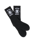 Black Mens Mike Sport Sock with a large white Psycho Bunny skull and globe logo and PSYCHO BUNNY text on the ribbed cuff, made from soft knit fabric.