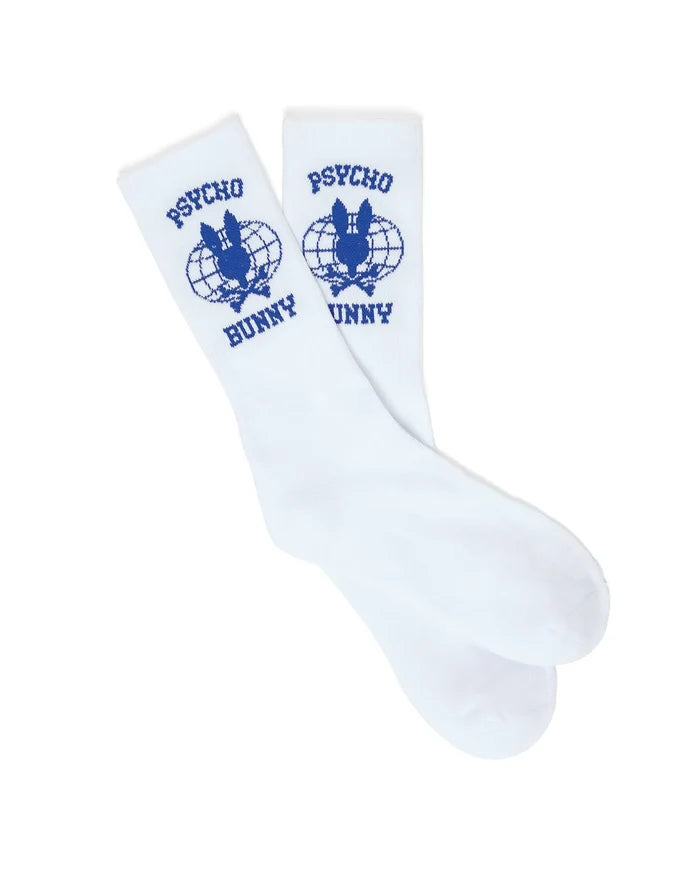 White Mens Mike Sport Sock, crew length, featuring a prominent blue knitted Psycho Bunny logo with a bunny skull over a globe and Psycho Bunny text on the ankle.