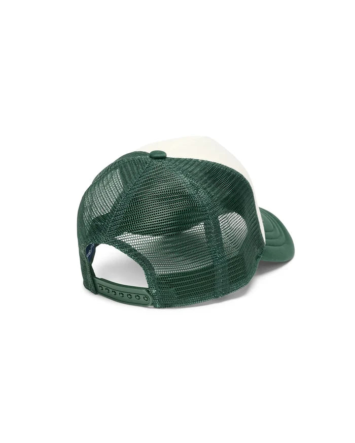 Mens Mike Trucker Cap in dark green and cream, featuring a breathable mesh back, solid front panels, and an adjustable green snapback closure.