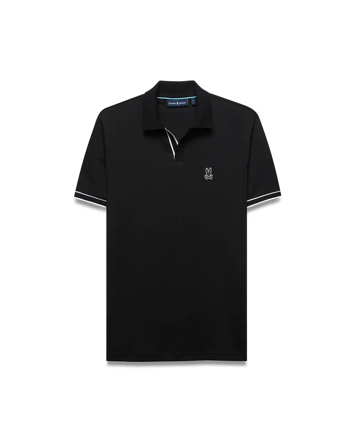 Mens Nasser Interlock Johnny Collar Polo in classic black interlock knit, featuring a white embroidered Psycho Bunny skull logo on the left chest, a Johnny collar, and white double-stripe cuffs.