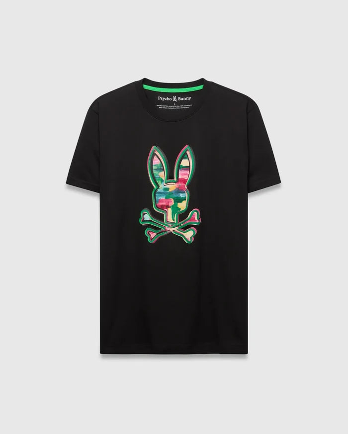 Mens Nate Graphic Tee, black classic fit jersey t-shirt featuring a large, vibrant multicolor brushstroke Psycho Bunny skull logo graphic on the chest.
