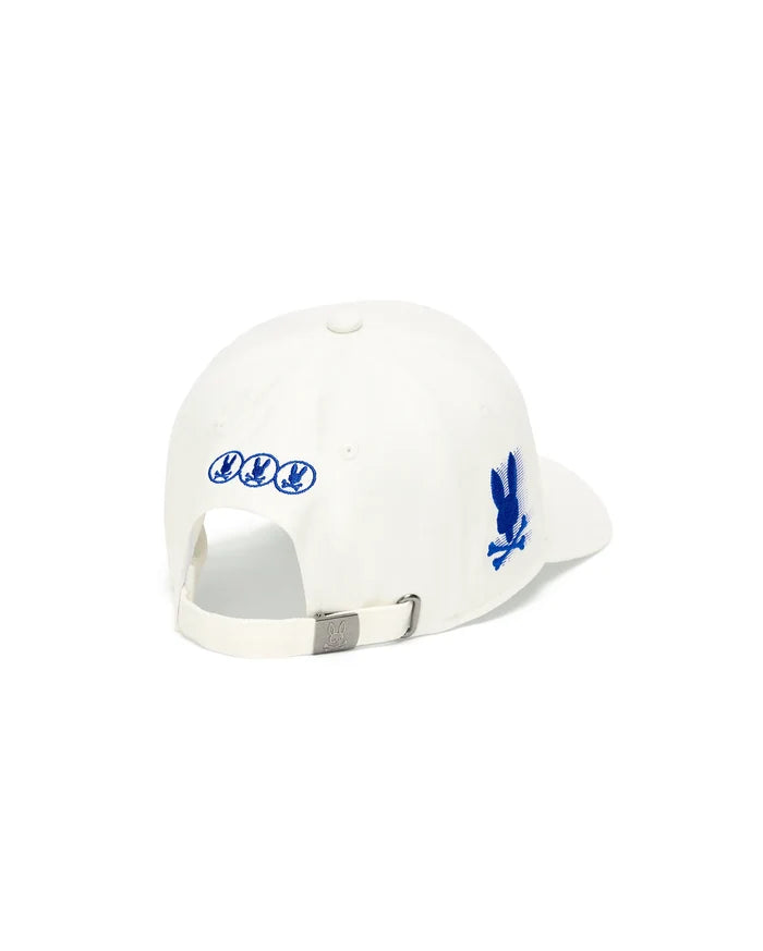 White Mens Nathaniel A-Frame Trucker Cap with three small blue embroidered bunny skull logos on the back, a larger blue distressed bunny skull on the right side, and a metal buckle with an embossed logo.