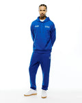 Royal blue relaxed fit hoodie with white Psycho Bunny text and three bunny skull logos on chest, paired with matching Mens Nathaniel Sweatpant featuring a small white bunny skull logo on the left thigh.