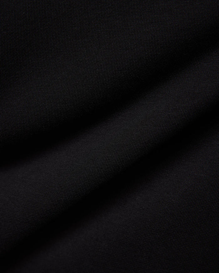 Mens Nathaniel Sweatpant in rich black, showcasing its luxurious, soft French terry knit fabric with a subtle diagonal texture and elegant drape, embodying premium streetwear style.