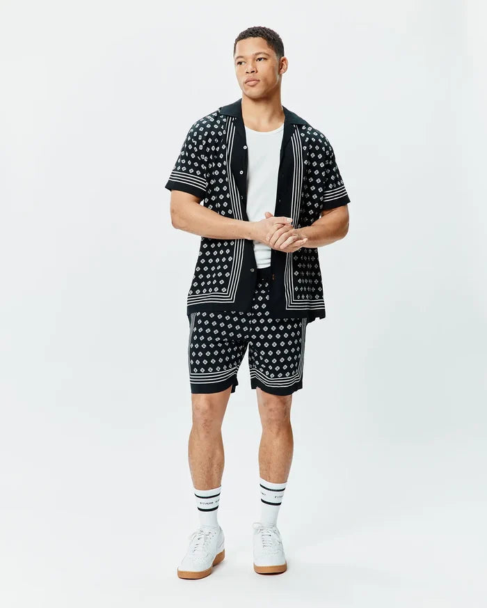 Black Tencel short-sleeve button-up shirt and matching Mens Nick Tencel Short 7, both with a white geometric pattern, white placket stripes, and white striped hems, in a relaxed fit.