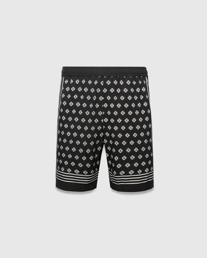 Mens Nick Tencel Short 7, black with an all-over white Psycho Bunny skull logo pattern, classic fit, smooth Tencel fabric, and white stripe accents on sides and hem.