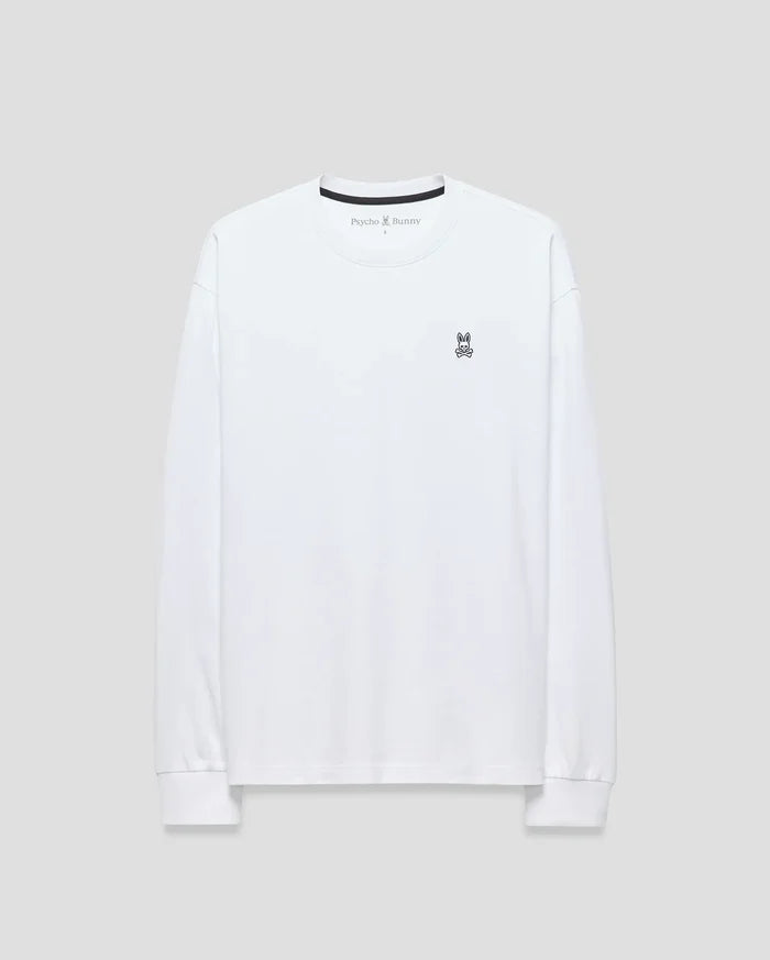 Mens Norman Long Sleeve Oversized Fit Tee in white smooth jersey, featuring a black crew neck tape with Psycho Bunny text and a small embroidered purple and black bunny skull logo on the left chest.