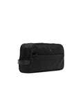 Mens Nylon Dopp Kit, black nylon, with dual top zippers, a front zip pocket featuring a Psycho Bunny logo pull, a side handle, and a subtle black embossed Psycho Bunny skull logo on the front.