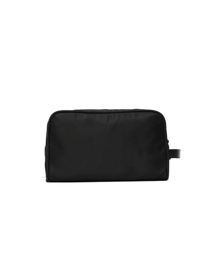 Black Mens Nylon Dopp Kit, a sleek and durable travel accessory crafted from smooth nylon, featuring a secure top zipper closure and a convenient side loop handle for easy carrying.