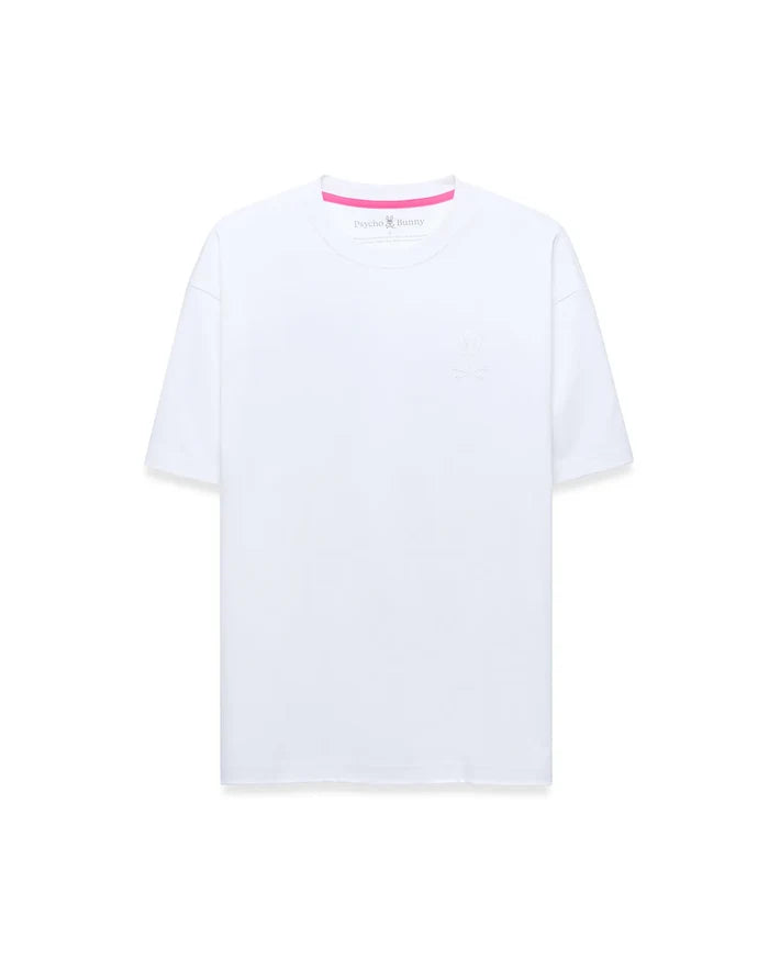 White Mens Oscar Relaxed Fit Tee, made from soft jersey fabric, featuring a small tonal embroidered Psycho Bunny skull logo on the left chest and a vibrant pink accent trim inside the collar.