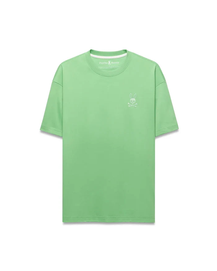 Mens Oscar Relaxed Fit Tee, a premium pastel lime green jersey knit t-shirt with a relaxed fit, showcasing the iconic small white embroidered Psycho Bunny skull logo on the left chest.