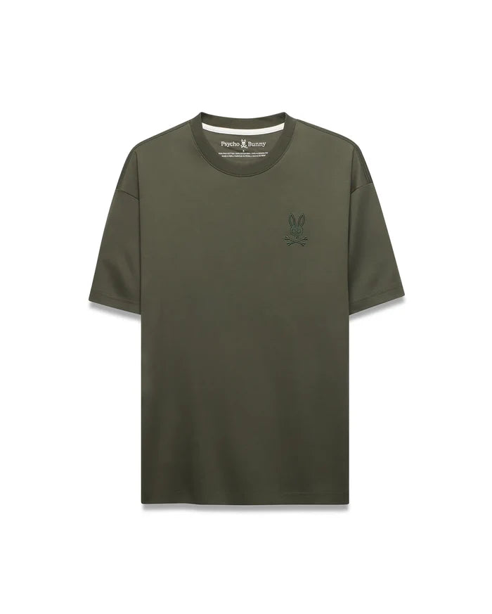 Mens Oscar Relaxed Fit Tee in olive green, crafted from smooth jersey knit fabric, featuring a small, embroidered darker olive green Psycho Bunny skull logo on the left chest.